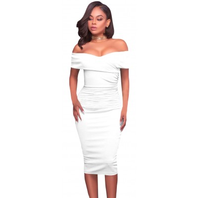 'Alana‘ weiße Knielänge off shoulder BodyCon Kleid